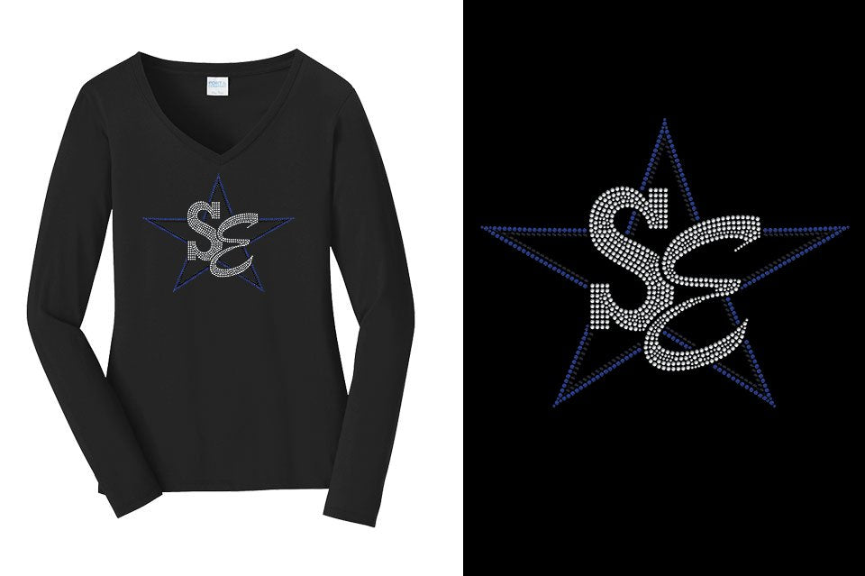 Rhinestones Star Performance Center SE blues Women's Relaxed Fit Long Sleeve V-Neck